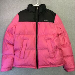 BoohooMAN Pink Black Puffer Jacket Mens Large Colorblock Zip NWOT